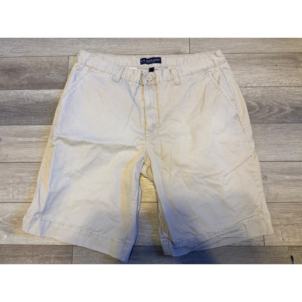 US Polo Assn Mens 36 Khaki Tan Chino Shorts Cotton Flat Front Casual Preppy